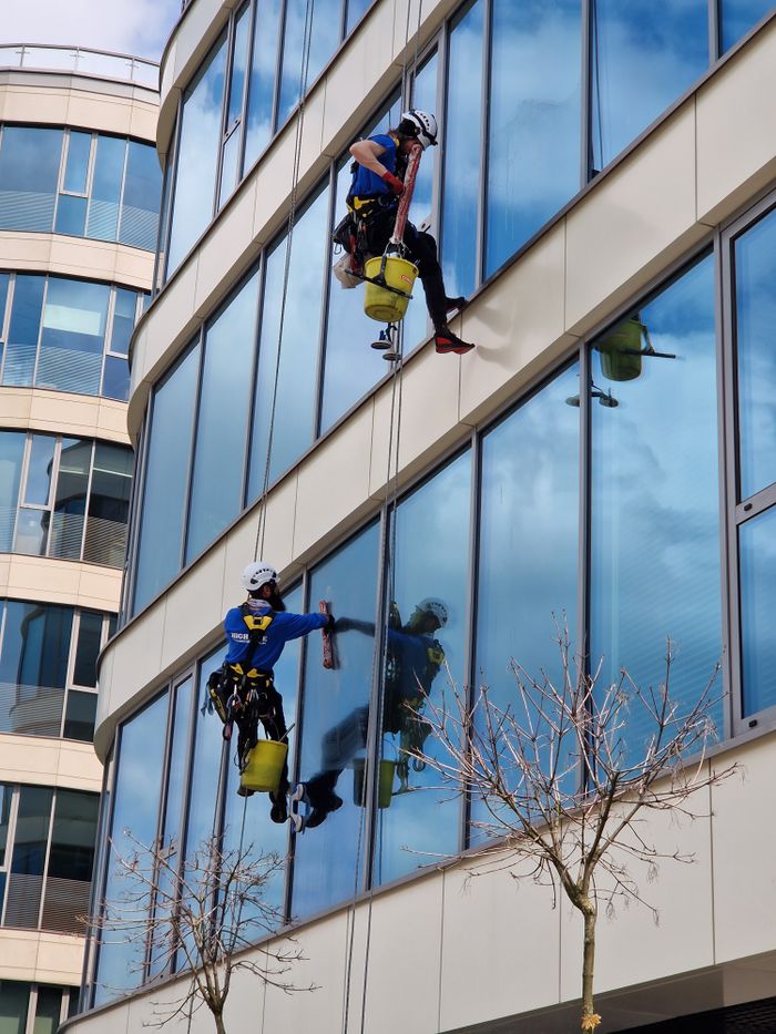 creative-01 Two window cleaners using ropes on a modern skyscraper, showcasing urban professional maintenance.